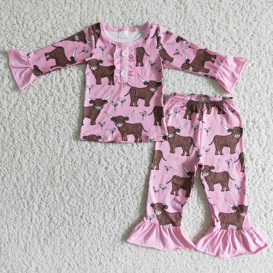 6 A11-12 Pink Ruffles Highland Cow Heifer Cow Girls Long Sleeve Pants Outfits Pajamas