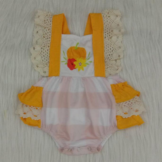 Promotion RTS A0-13 Adorable Baby Girls Newborn Lace Ruffles Fall Pumpkin Print Romper