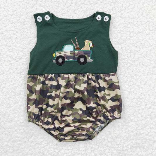 SR0183 Camo Green Car Dog Hunt Embroidery Boys Short Sleeve Romper
