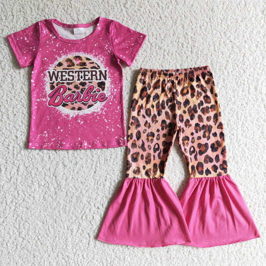 GSPO0125 Pink Bleaching Western Leopard Cartoon Girls Short Sleeve Bell Bottom Pants Outfits