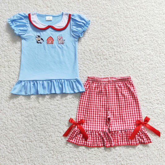 GSSO0200 Blue Red Plaid Farm Cow Pig Embroidery Girls Short Sleeve Shorts Outfits