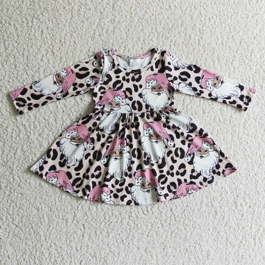 promotion GLD0112 Christmas Leopard Pink Santa Girls Long Sleeve Dresses