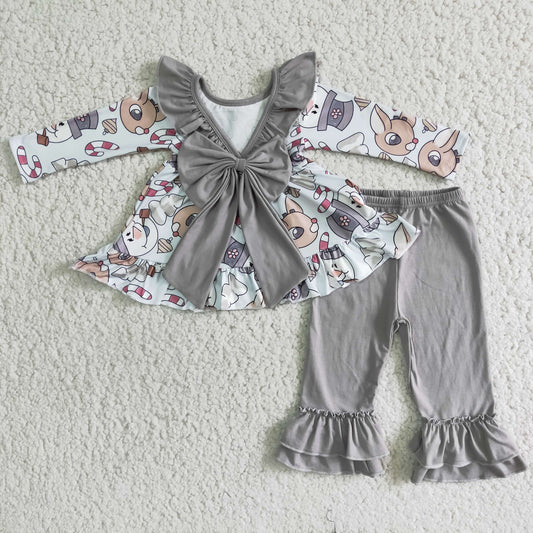 Clearance B5-20 Christmas Snowman & Deer Grey Print With Bow Tunic Girls Long Sleeve Pants Outfits