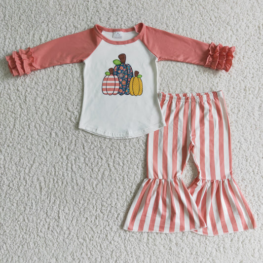 6 C6-21 Halloween Pumpkin Pink Stripes Girls Long Sleeve Bell Bottom Pants Outfits