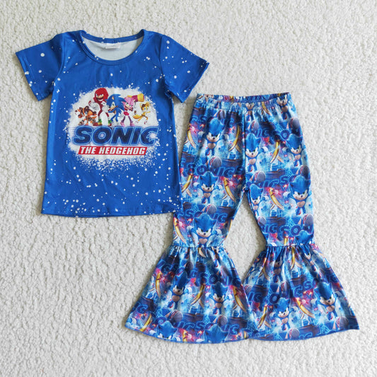 GSPO0165 Blue Bleaching Speed Hedgehog Cartoon Girls Short Sleeve Bell Bottom Pants Outfits