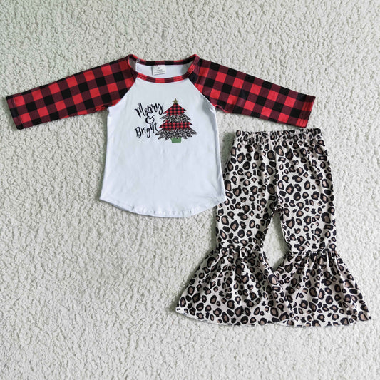 6 A25-13 Merry Christmas Tree Leopard Red Plaid Girls Long Sleeve Bell Bottom Pants Outfits
