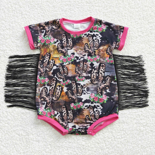 promotion RTS SR0108 Pink Leopard Cactus Floral Cow Print Western Tassel Girls Short Sleeve Romper