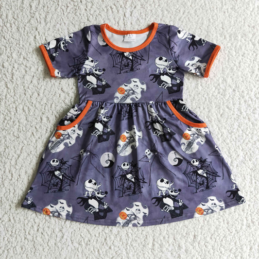 GSD0149 Halloween Pumpkin Orange Ghost Cartoon Pockets Girls Short Sleeve Dresses