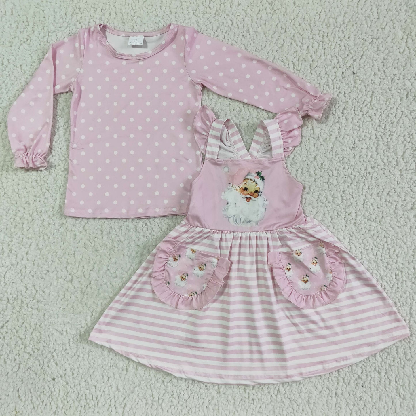 GLD0087 Christmas Pink Santa Pockets Girls Long Sleeve Top With Skirt Overall Dresses Outfits
