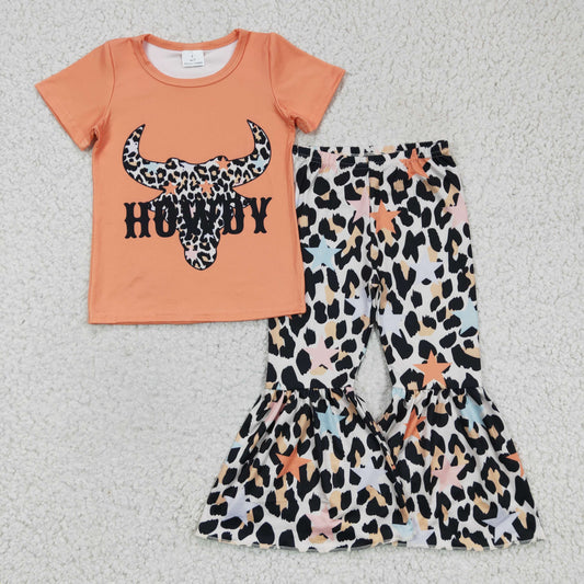 promotion RTS GSPO0305 Orange Howdy Cow Cowboy Western Leopard Girls Short Sleeve Bell Bottom Pants Outfits