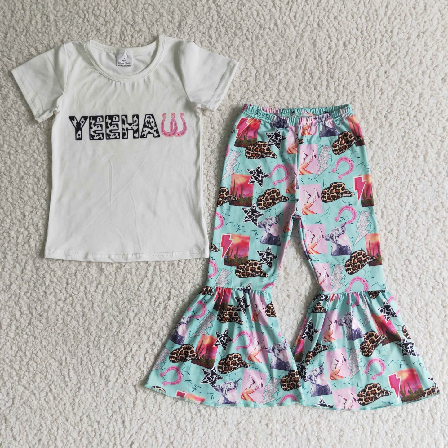 GSPO0032 YEEHAW Blue Leopard Cowboy With Bow 3pcs Girls Short Sleeve Pants Outfits