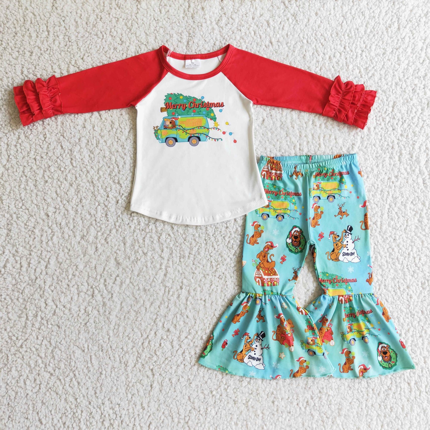 Clearance 6 B7-4 Merry Christmas Red Green Blue Dog Cartoon Mystery Girls Long Sleeve Bell Bottom Pants Outfits
