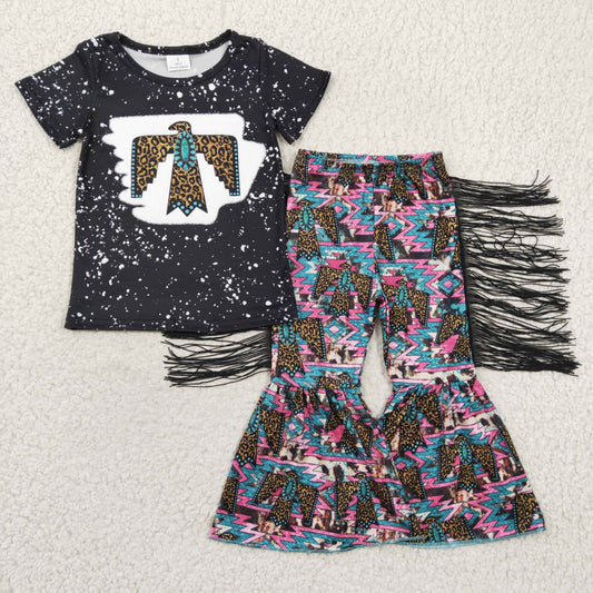 promotion RTS GSPO0209 Black Leopard Western Tassel Girls Short Sleeve Bell Bottom Pants Outfits