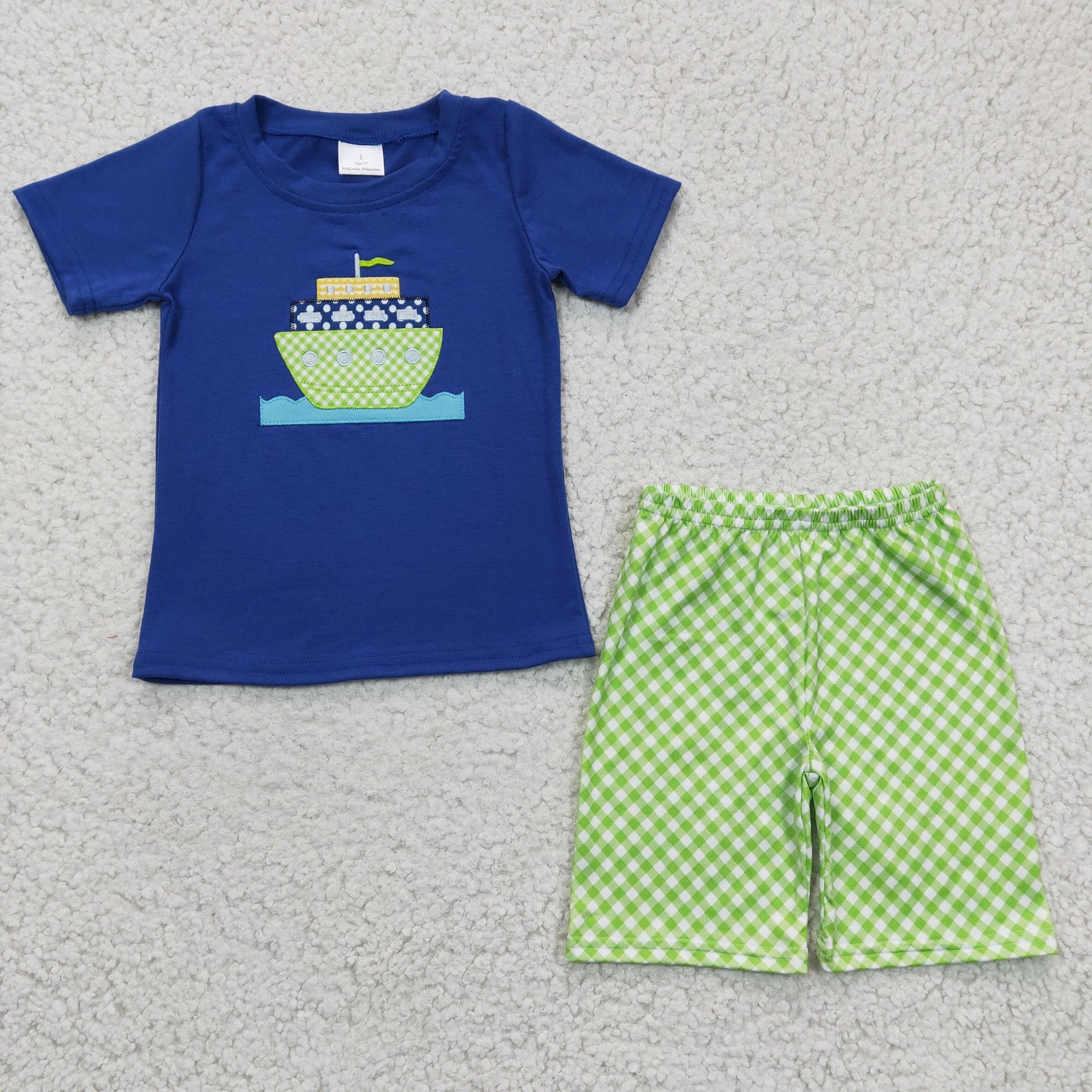 promotion RTS BSSO0097 Blue Green Plaid Boat Embroidery Boys Short Sleeve Shorts Outfits