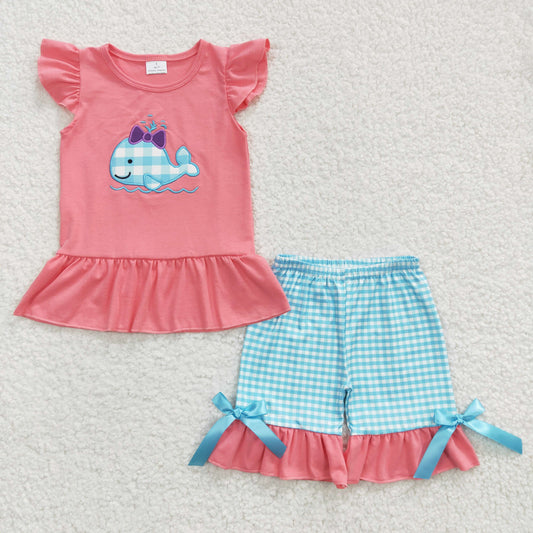 promotion RTS GSSO0150 Dolphin Blue Pink Plaid Embroidery Girls Short Sleeve Shorts Outfits