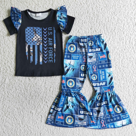 A4-4 Blue And Black Air Force Flag Girls Short Sleeve Bell Bottom Pants Outfits
