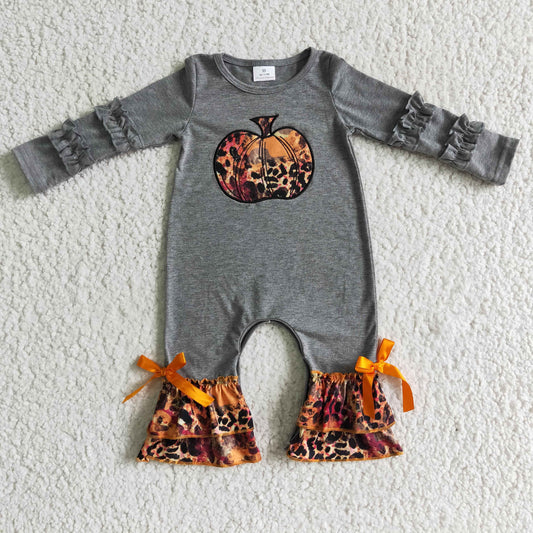 LR0139 Halloween Pumpkin Grey Leopard Ruffles Embroidery Girls Long Sleeve Romper