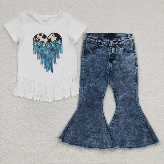 GSPO0463 2pcs GT0137 Valentine Love Leopard Blue Tassel Top+ P0008 Blue Denim Girls Short Sleeve Bell Bottom Pants Outfits