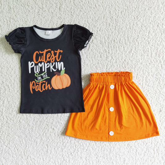 promotion RTS GSD0106 Halloween Pumpkin Patch Orange Girls Short Sleeve With Skirt Dress Outfits