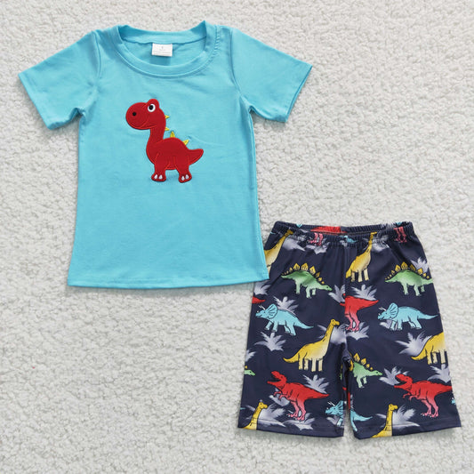 promotion RTS BSSO0184 Dinosaur Cartoon Blue Gray Embroidery Boys Short Sleeve Shorts Outfits