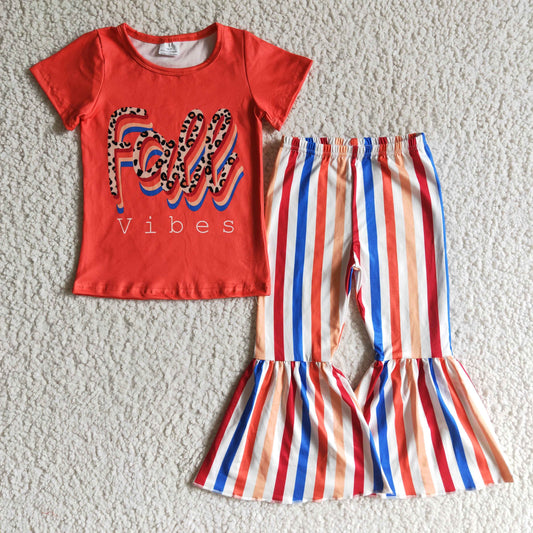 GSPO0186 Fall Vibes Leopard Red Blue Stripes Girls Short Sleeve Bell Bottom Pants Outfits