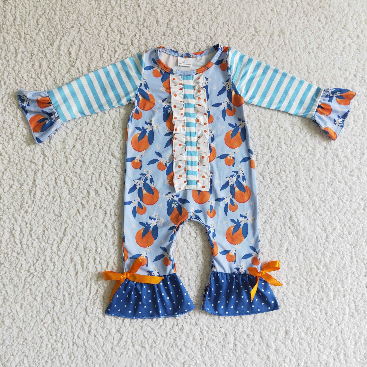 LR0172 Orange Fruit Peach Blue Stripes Dots Girls Long Sleeve Romper