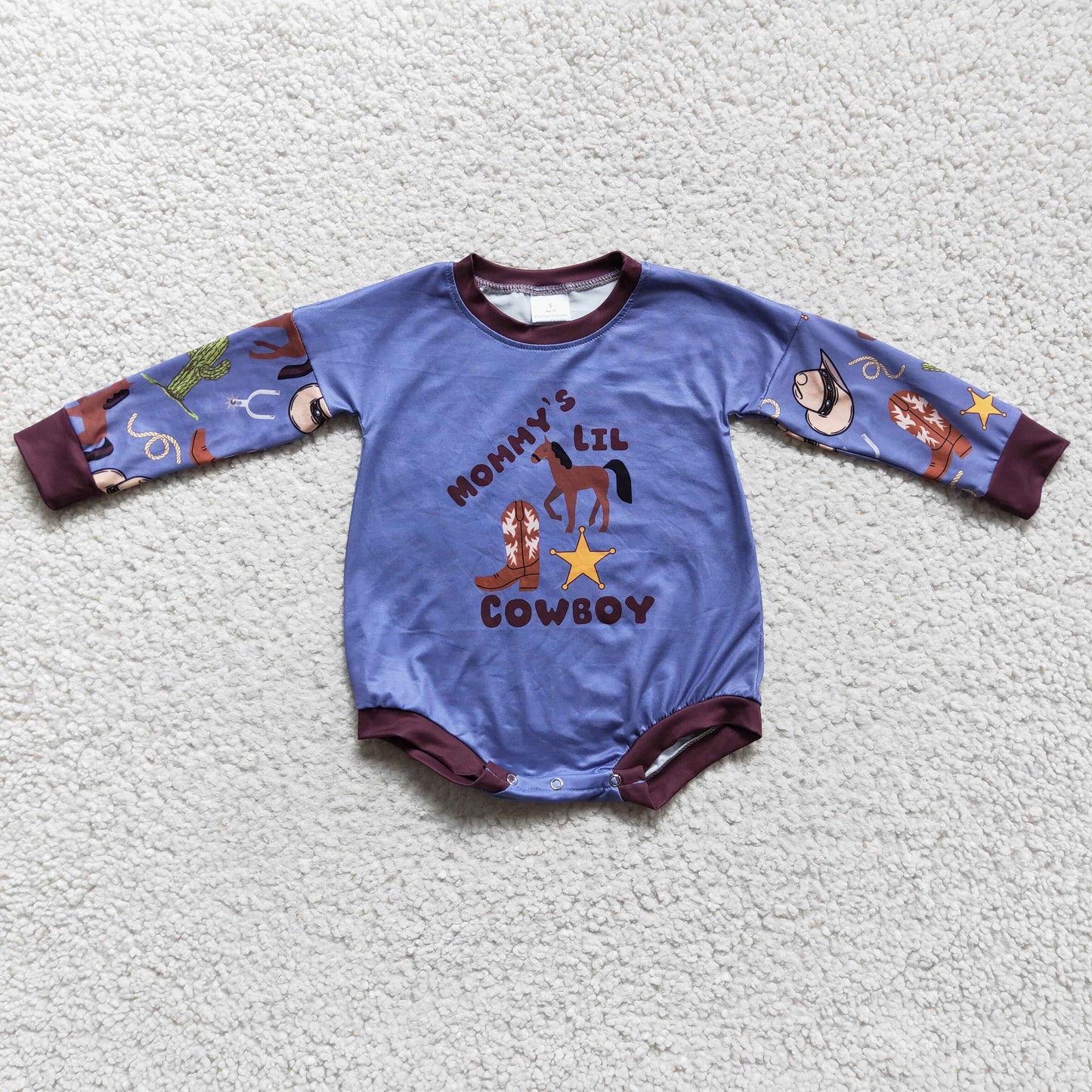 LR0229 Blue Mommy Lil Cowboy Horses Boots Western Girls Long Sleeve Romper