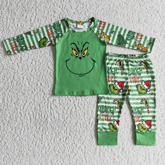 BLP0085 Family Kids Christmas Green Stripes Cartoon Tree Dog Deer Boys Long Sleeve Pajamas