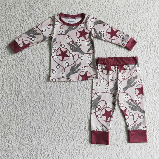 BLP0117 Red Starts Cactus Western Cowboy Boys Long Sleeve Pants Outfits Pajamas