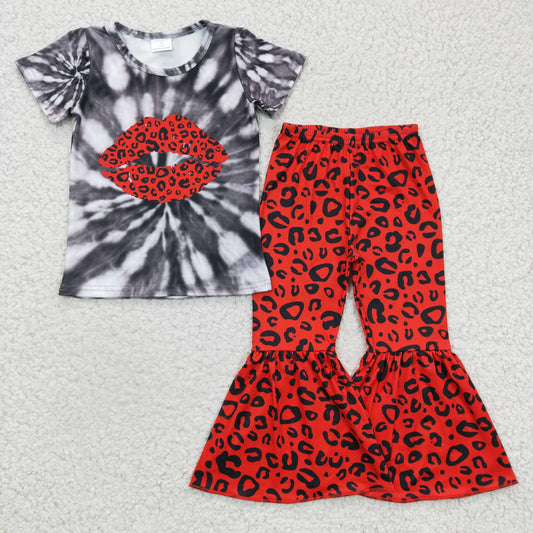 C10-11 Lip Toddler Tie Dye Red Mouth Leopard Girls Short Sleeve Bell Bottom Pants Outfits