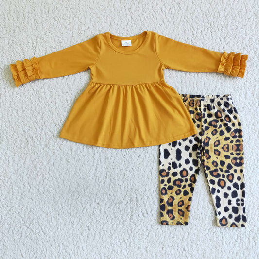 GLP0109 Yellow Leopard Tunic Girls Long Sleeve Pants Outfits