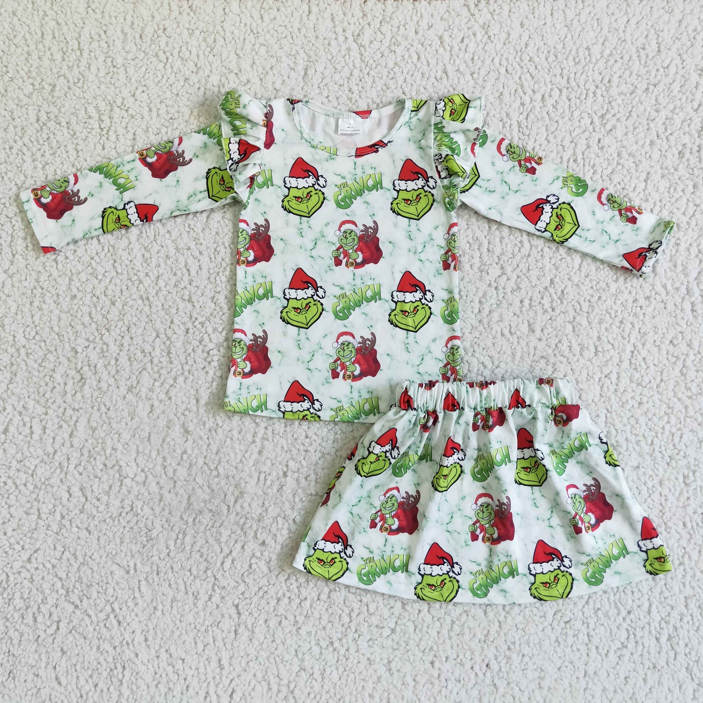 GLD0081 Christmas Santa Green Cartoon 3pcs Headband Bow Girls Long Sleeve With Skirt Dress Outfits