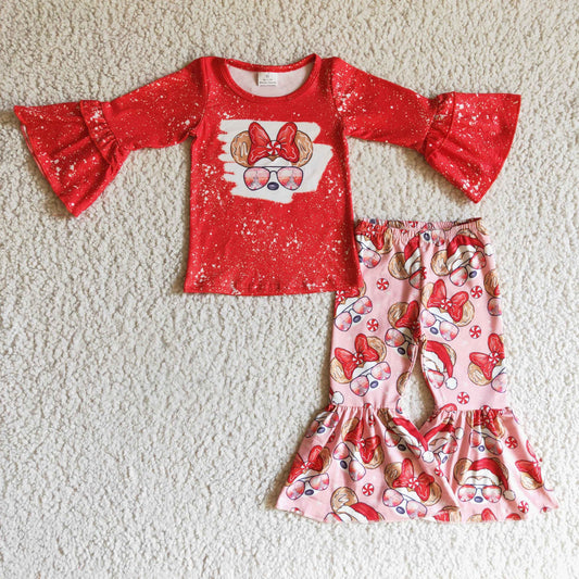 GLP0096 Christmas Red Bleach Pink Mouse Cartoon Girls Long Sleeve Bell Bottom Pants Outfits
