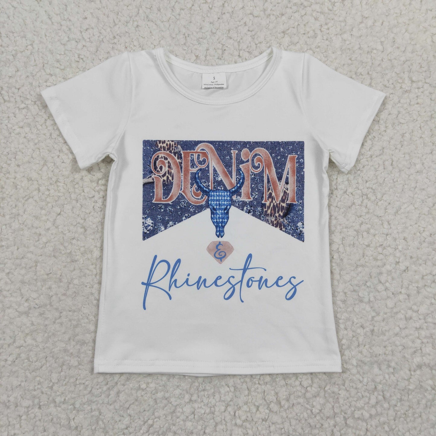 GSPO0531 2Pcs GT0133 Blue Cow Top + C5-15 Blue Denim Girls Short Sleeve Bell Bottom Pants Outfits