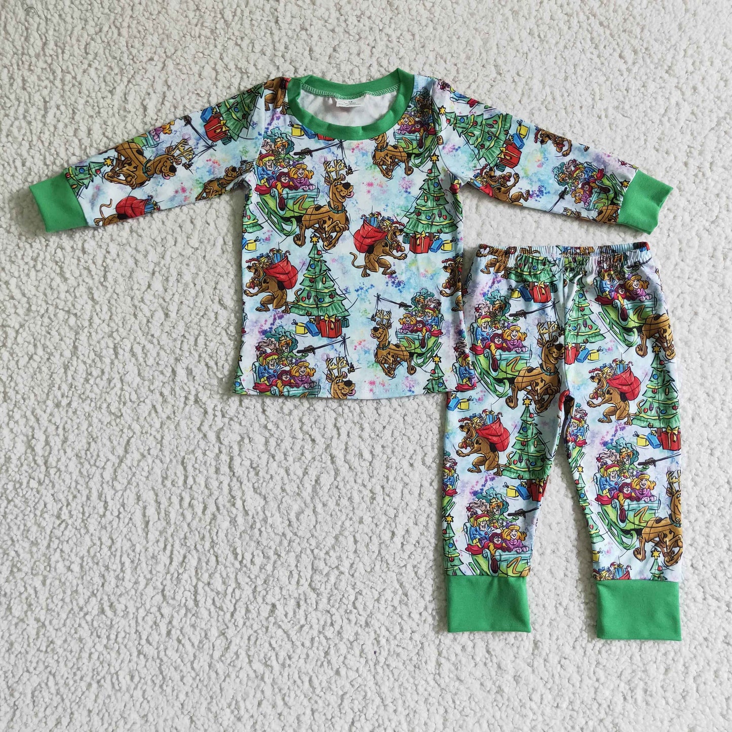 BLP0089 Christmas Green Red Reindeer Dog Tree Gift Cartoon Boys Long Sleeve Pajamas
