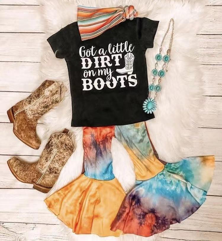 promotion RTS E9-29 Got A Little Dirt On My Boots Set Cowboys Girls Short Sleeve Bell Bottom Pants Outfits