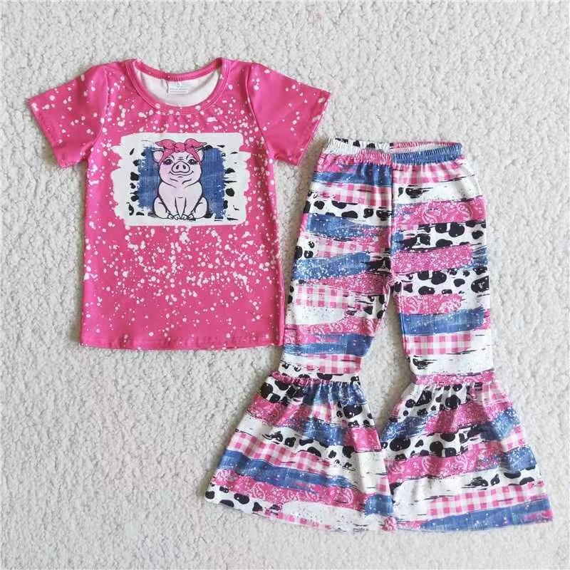 promotion RTS E3-29 Hot Pink Pig Girls Short Sleeve Bell Bottom Pants Outfits