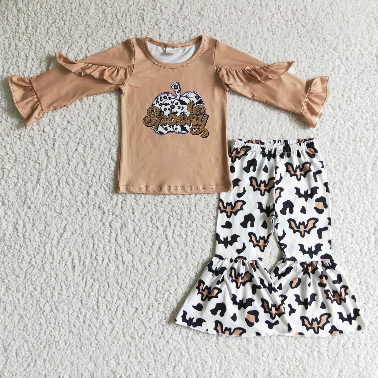 promotion RTS GLP0107 Halloween Pumpkin Orange Leopard Spooky Bat Girls Long Sleeve Bell Bottom Pants Outfits