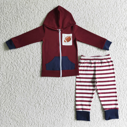Promotion RTS BLP0093 Brown Red Stripes Football Team Pockets Boys Long Sleeve Hoodies Outfits