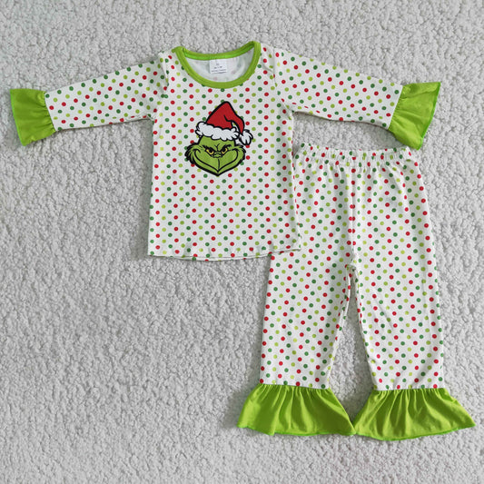 Green Girls Ruffles Long Sleeve Pajamas