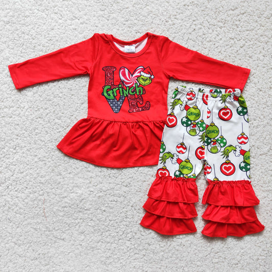 6 A10-27 Christmas Red Green Cartoon Love Ruffles Girls Long Sleeve Pants Outfits