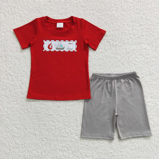 BSSO0144 Red Grey Fish Boat Embroidery Boys Short Sleeve Shorts Outfits
