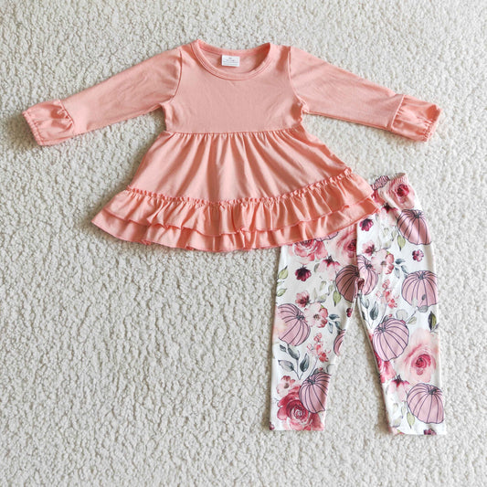 GLP0265 Halloween Pumpkin Pink Floral Flower Tunic Girls Long Sleeve Pants Outfits