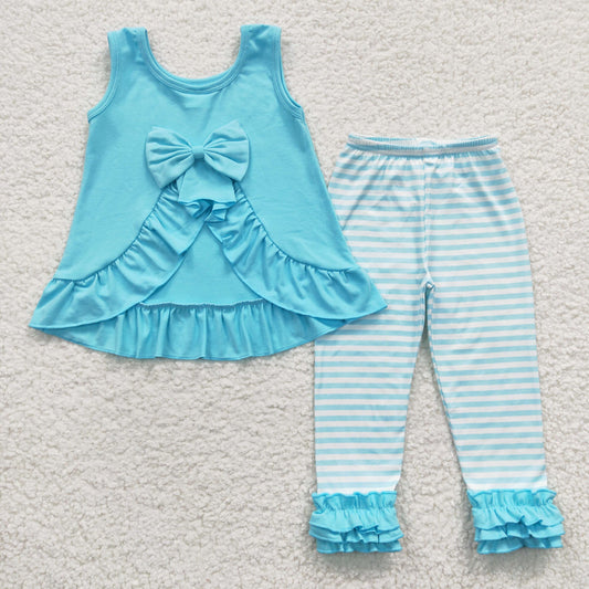 GSPO0504 Blue Stripes Bow Girls Short Sleeve Bell Bottom Pants Outfits