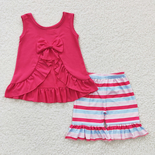 GSSO0209  Pink Stripes Bow Girls Sleeveless Shorts Outfits