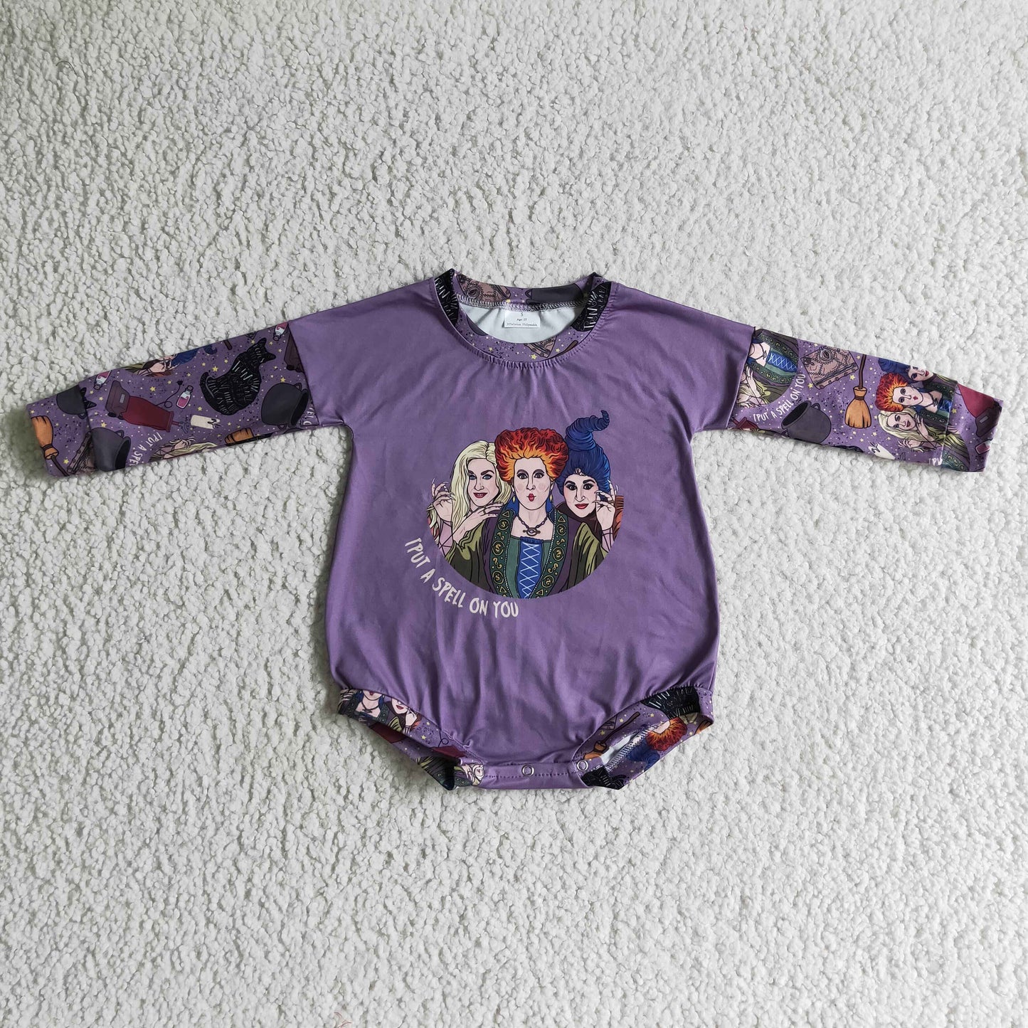 LR0138 Halloween Witch Purple Cartoon Girls Long Sleeve Romper
