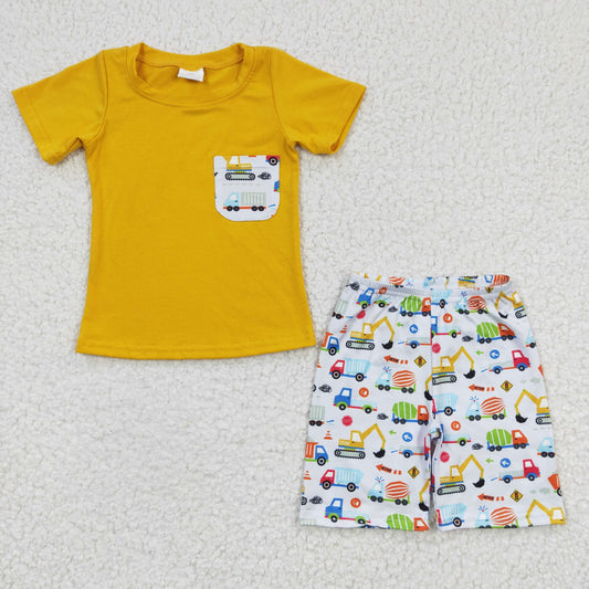 promotion RTS BSSO0122 Yellow Car Pocket Boys Short Sleeve Shorts Outfits