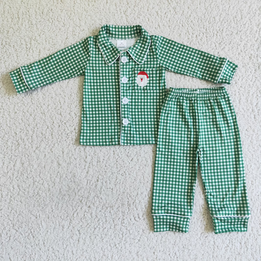 6 B3-39 Christmas Green Plaid Santa Pockets Collar Boys Long Sleeve Pajamas