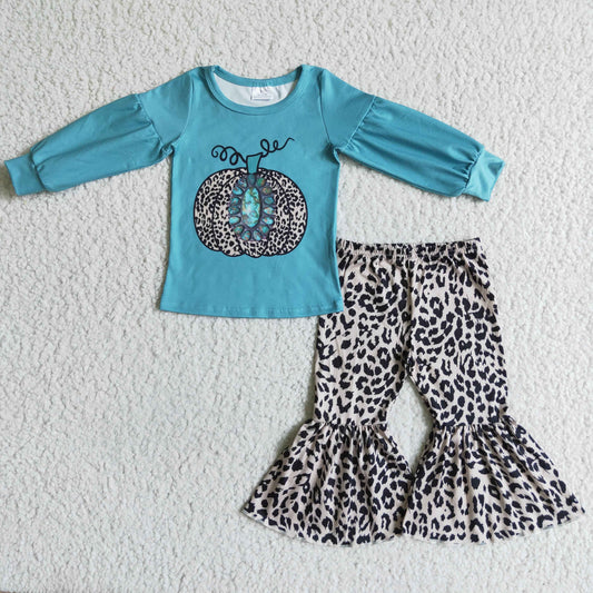 GLP0070  Halloween Pumpkin Blue Leopard Girls Long Sleeve Bell Bottom Pants Outfits