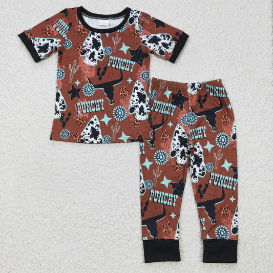 promotion BSPO0051 Brown Punchy Highland Cow Western Boys Short Sleeve Pants Outfits Pajamas
